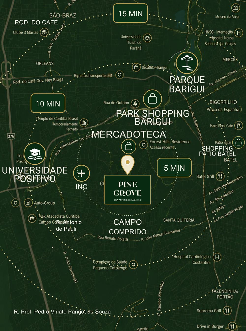 Mapa com raios de 5, 10 e 15 minutos a partir do Pine Grove